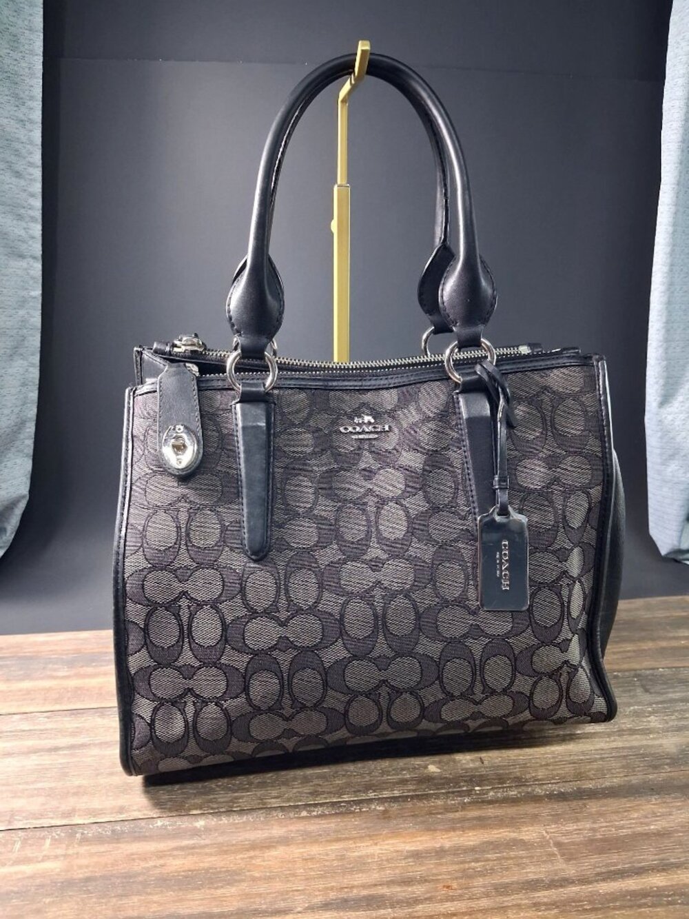 COACH Crosby Carryall F33524 Signature Jacquard Leather Black Smoke Bag Purse